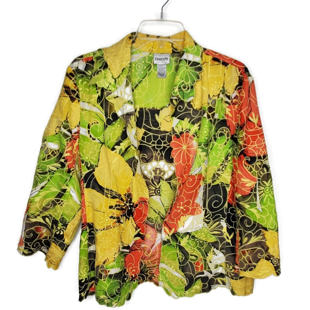 Chicos Sz 2 Cutwork Linen Blazer Jacket Womens Green Yellow Orange Embroidery